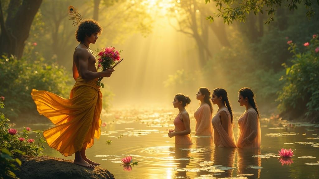 Confident Hero at Dawn Pond in Dreamy Indian Style