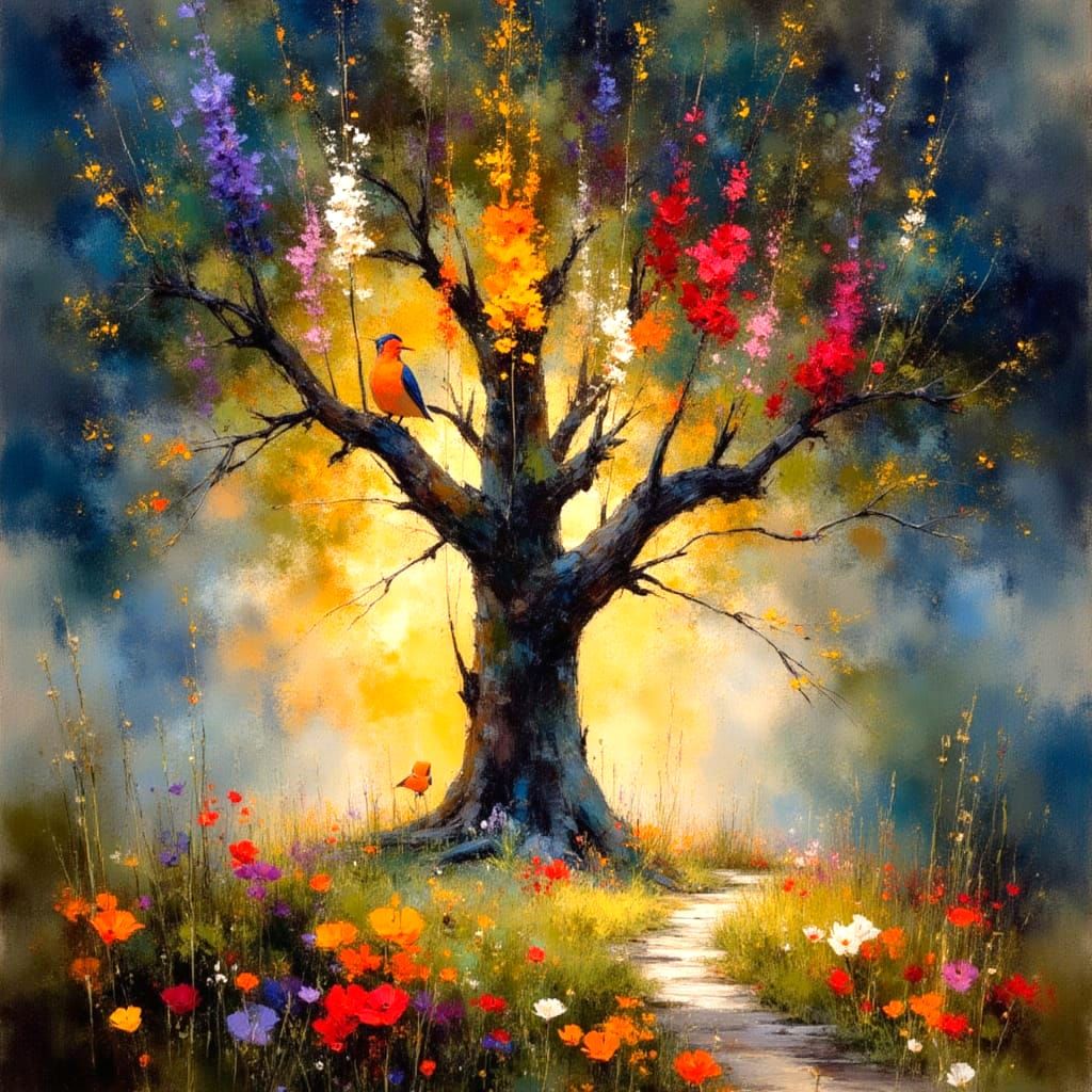 Colossal Robin Guarding Tree of Life in Gouache Style