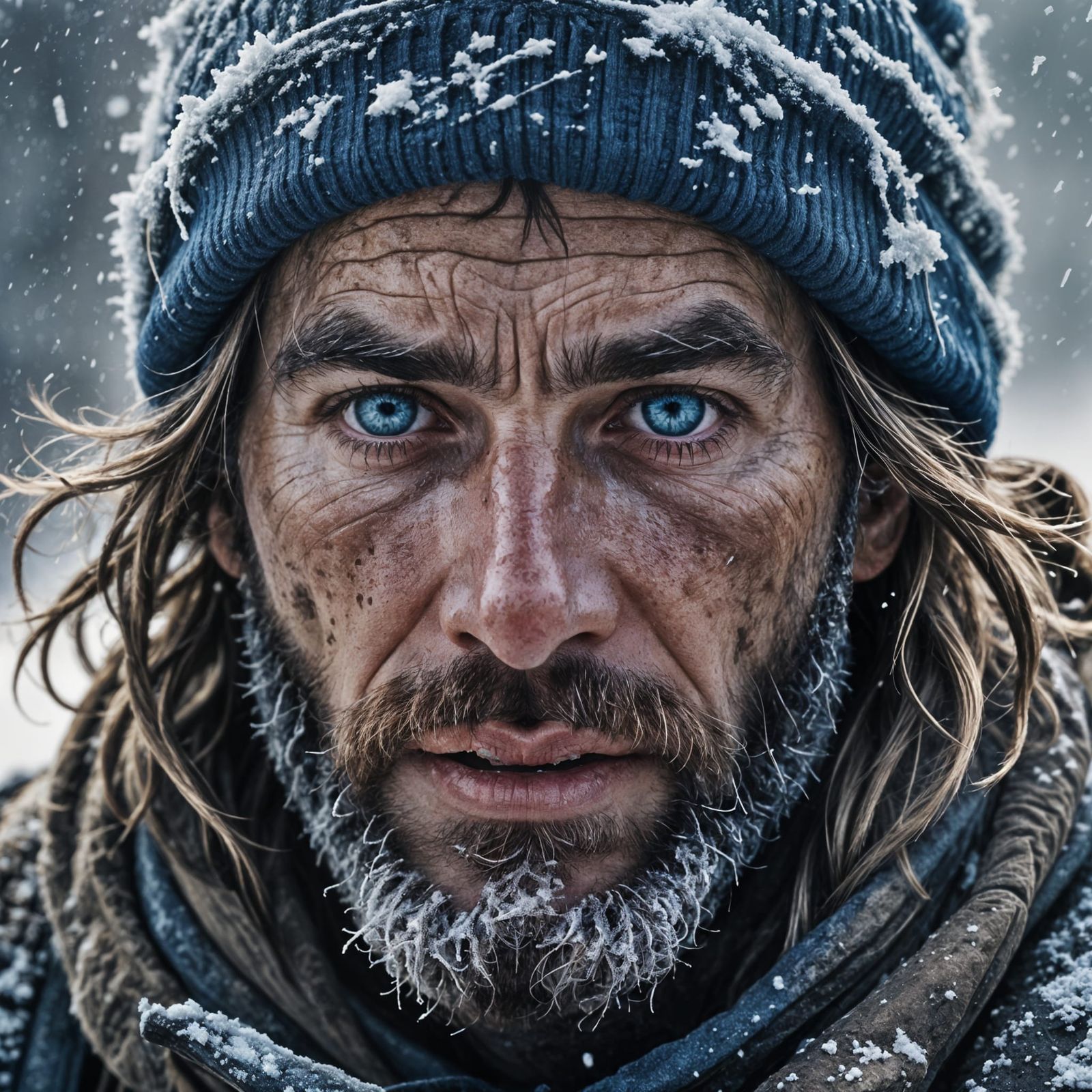 Intense Mountain Climber Close-Up with Piercing Eyes