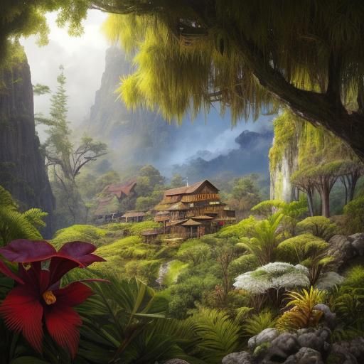 Detailed 3D Mountain Town with Moss and Orchids