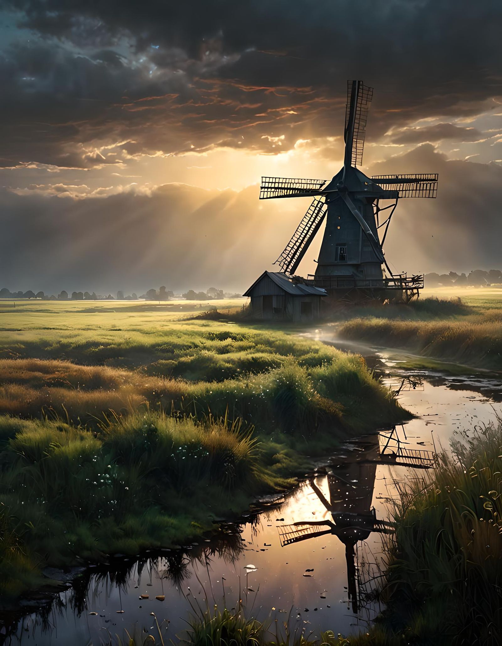 Dilapidated Windmill in Fog-Blanketed Fields