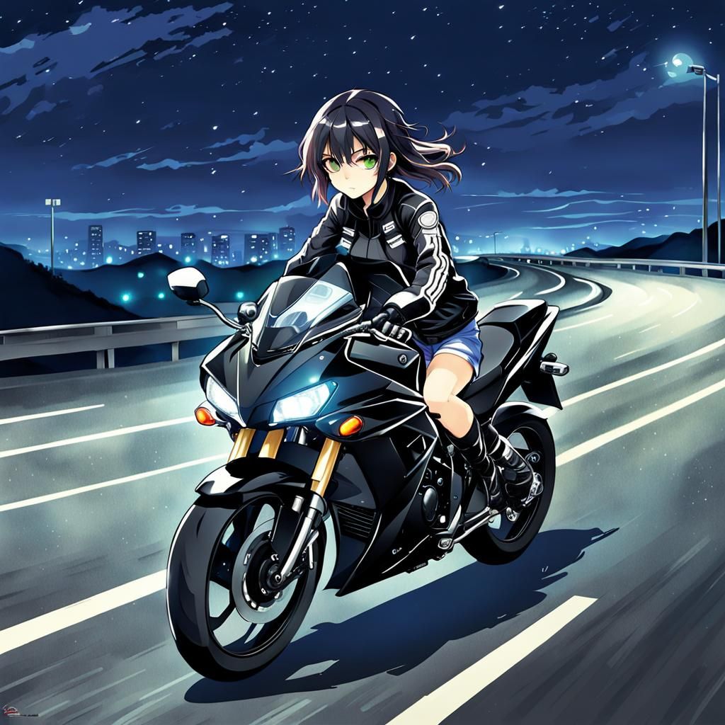 Girl Rides Motorcycle on Highway in Anime Style