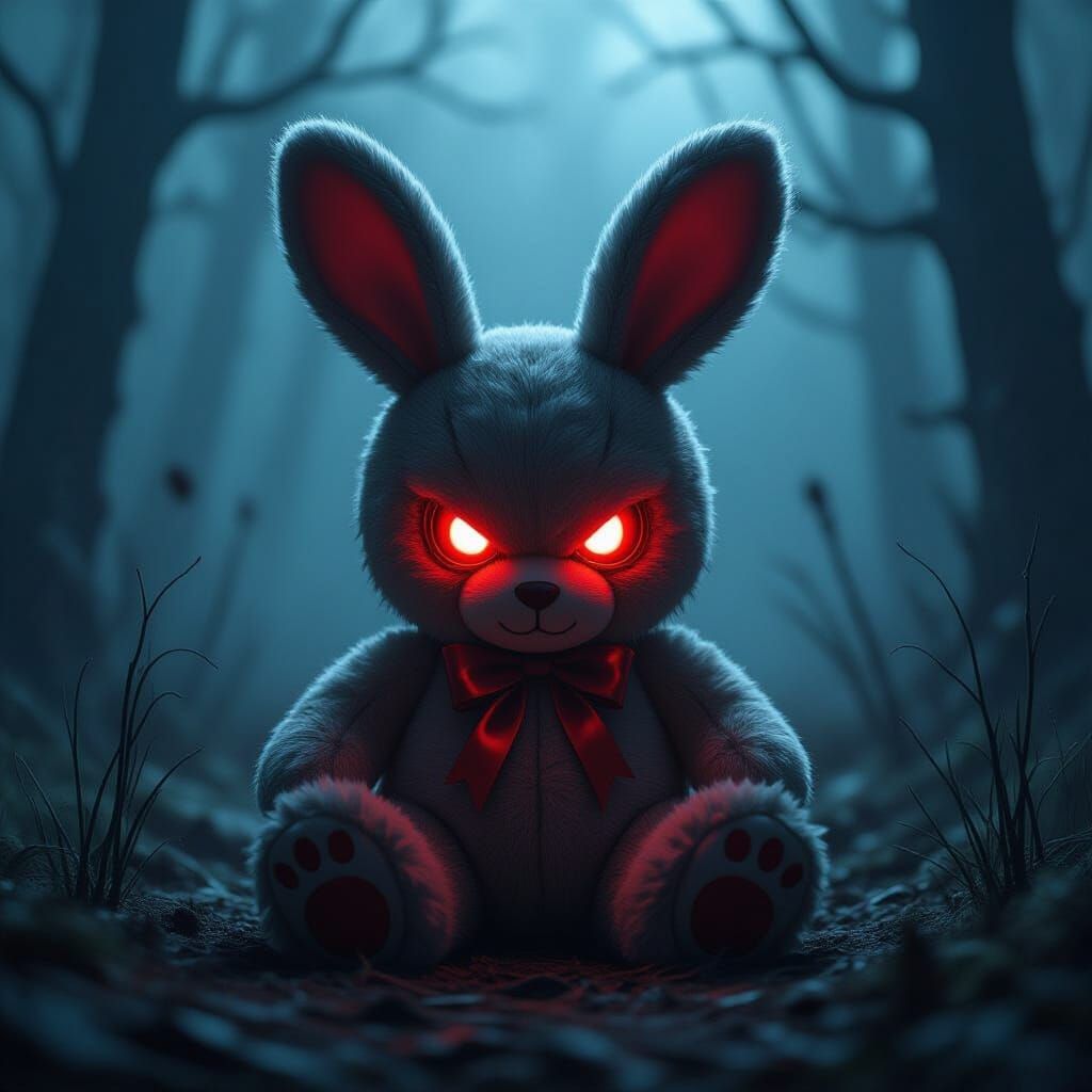 Ominous Teddy Bunny with Glowing Red Eyes
