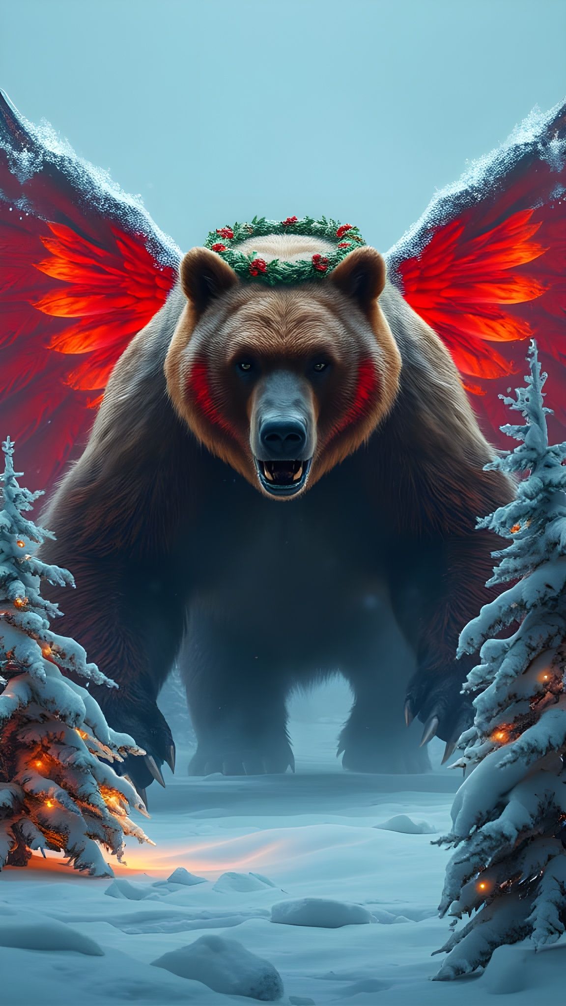 Fearsome Winter Hybrid with Crimson Feathers and Frosty Wrea...