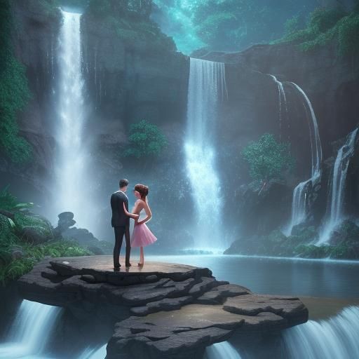 Romantic Couple at Waterfall: Pixar-Style 3D Digital Art