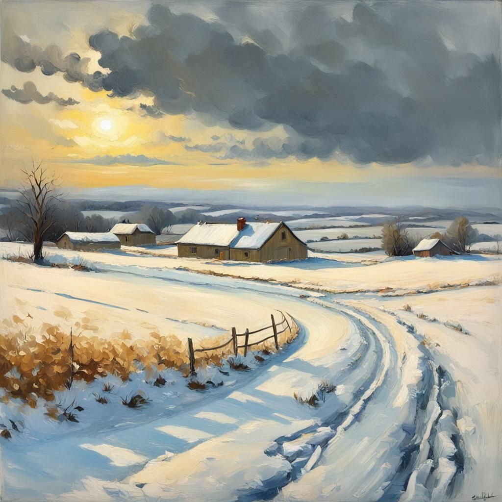 Snowy Winter Landscape in Oil Painting Style