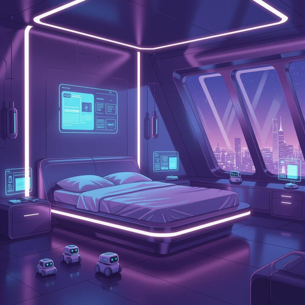 Futuristic Bedroom with Neon Cityscape in Cartoon Style