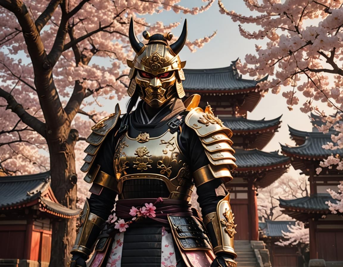 female samurai with oni mask