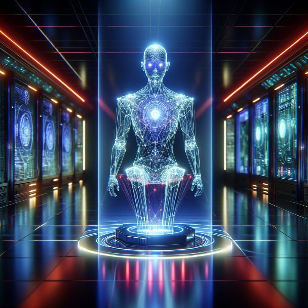 Advanced AI Corporeal Form in Neon Tech Environment