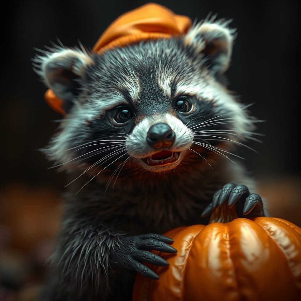 Fluffy Raccoon Trick-or-Treat Portrait in Digital Art Style