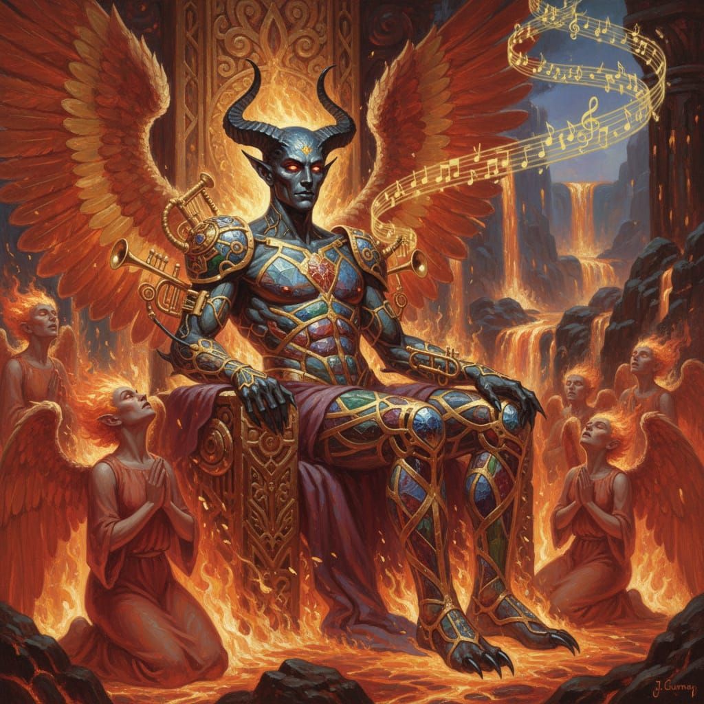 Majestic Fallen Angel in Fiery Throne Room