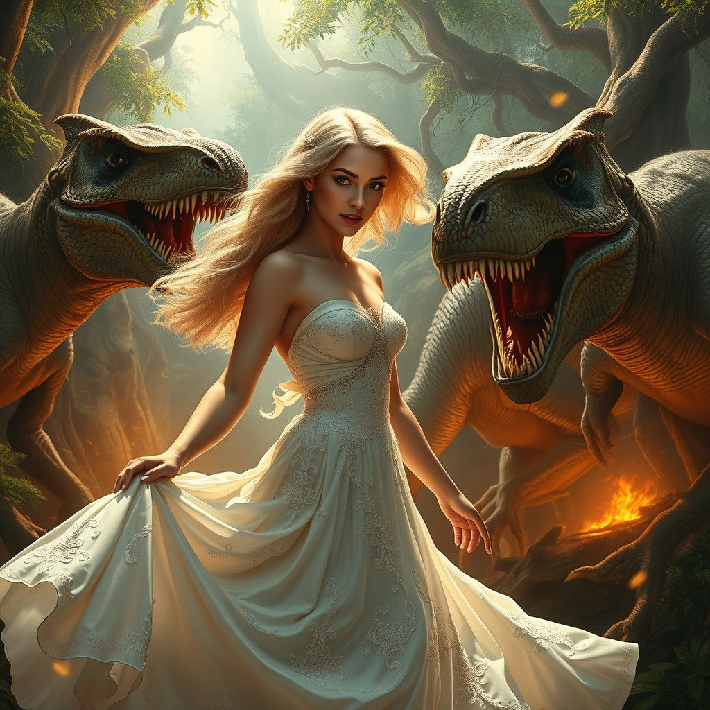 Damsel in Distress: Dinosaurs Attack in Mystical Forest
