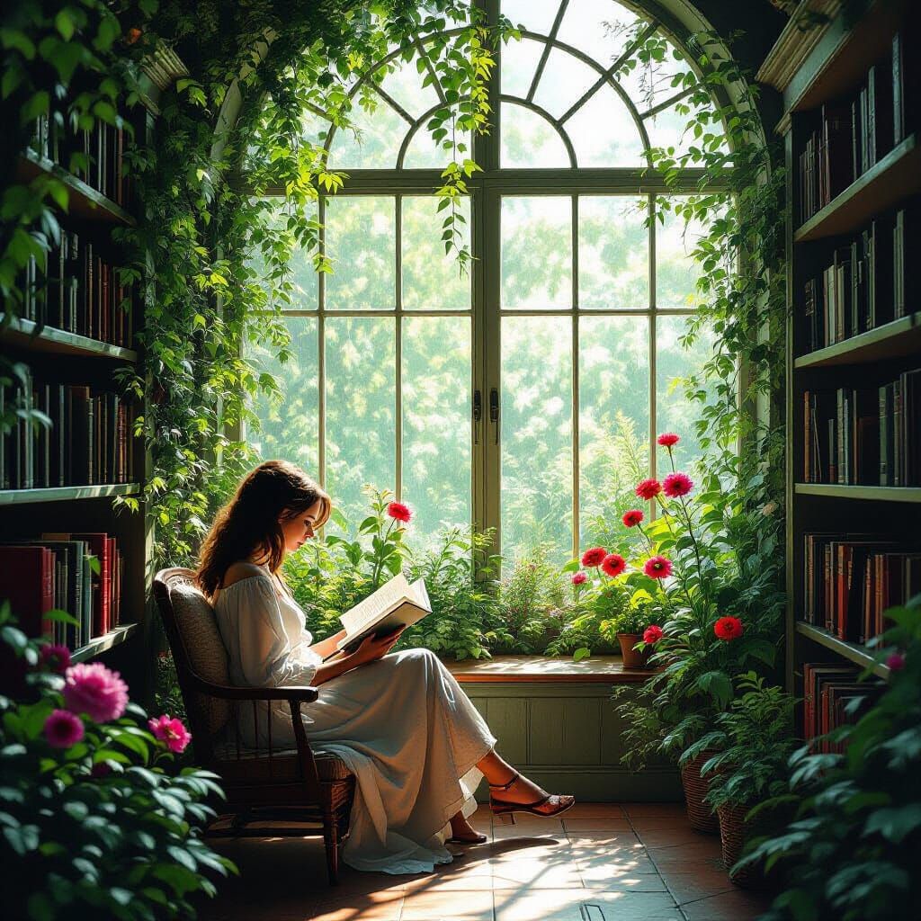 Sunlit Greenhouse Library: Dark Fantasy Style