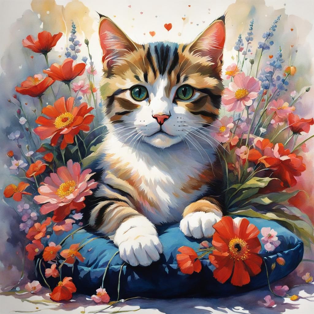 Cute Cat Surrounded by Flowers in Fantasy Art