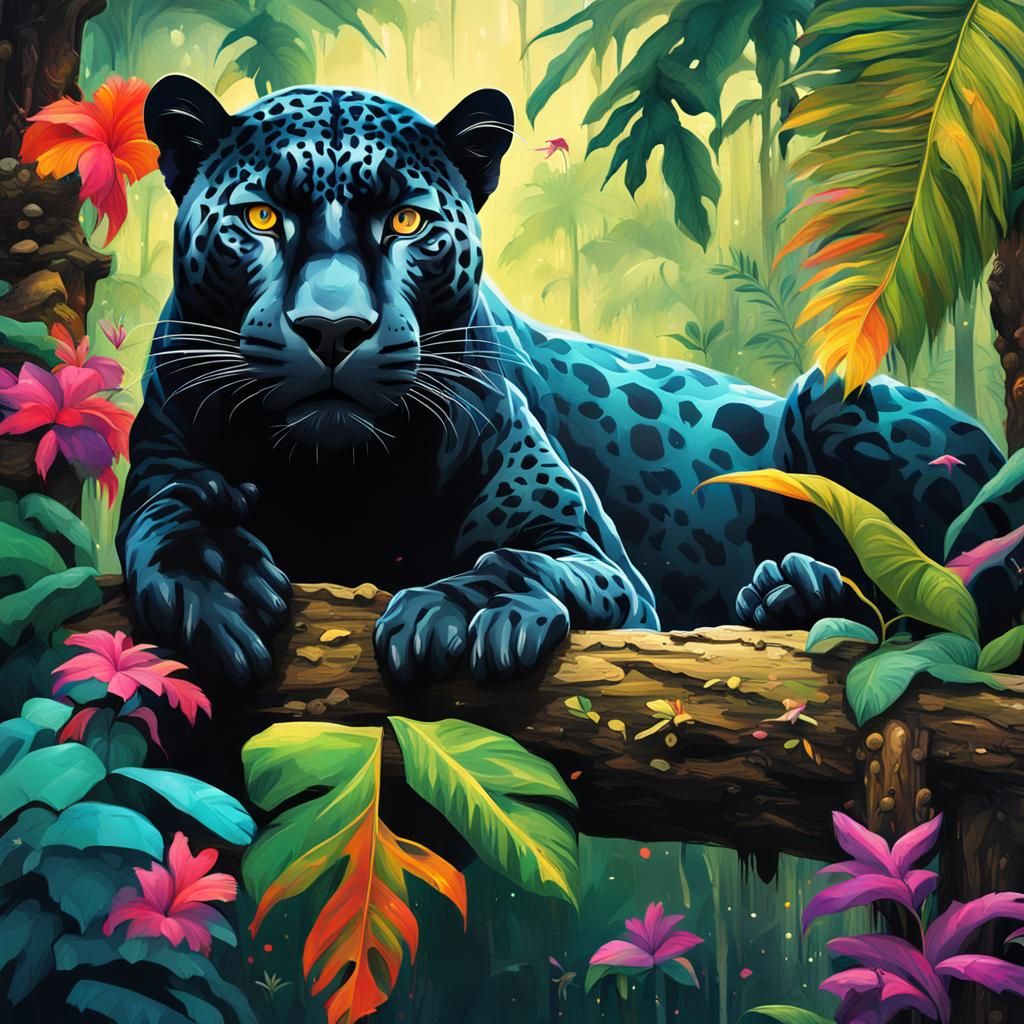 Black Jaguar in Amazon Jungle: Graffiti Art