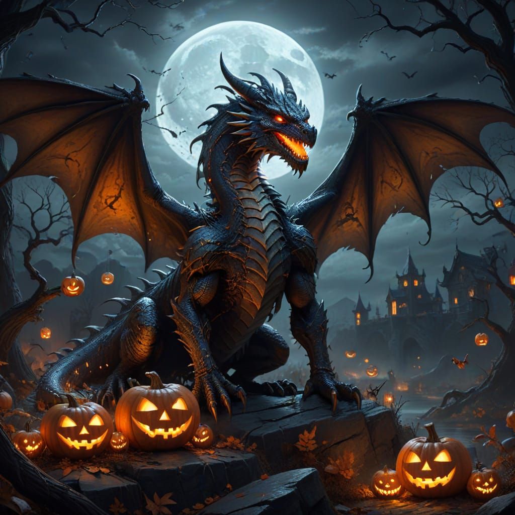 Fearsome Dragon Silhouetted Against Full Moon on Halloween
