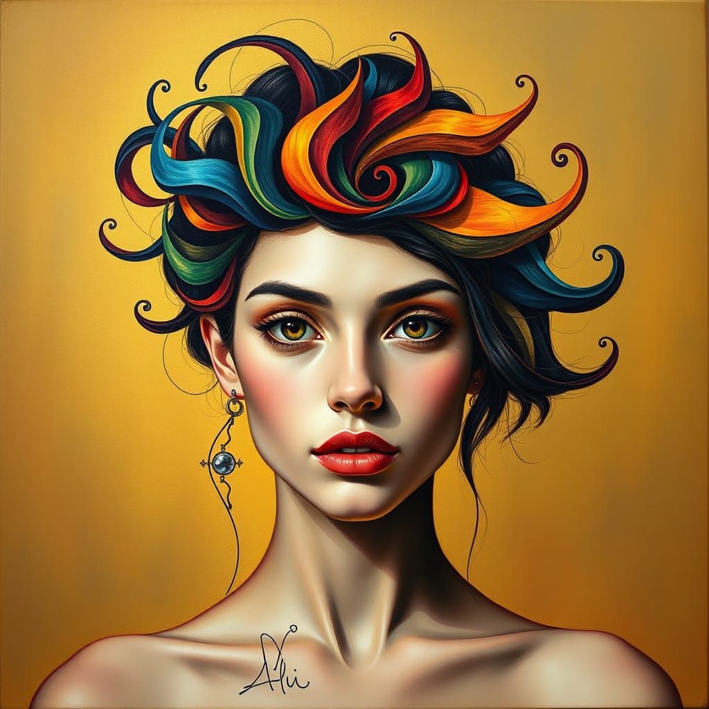 Surreal Woman Portrait with Geometric Hair, Oil on Canvas