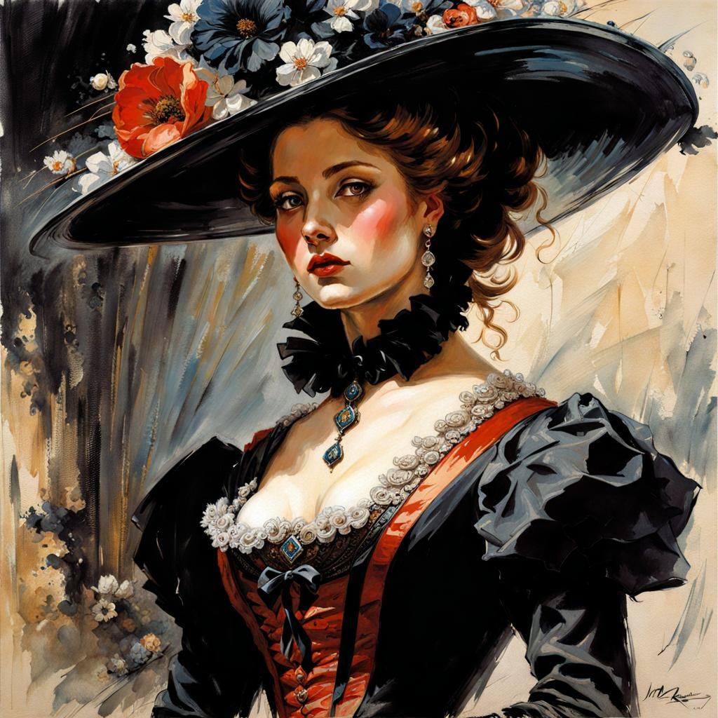 Victorian Italian Woman in Ink Splash Art