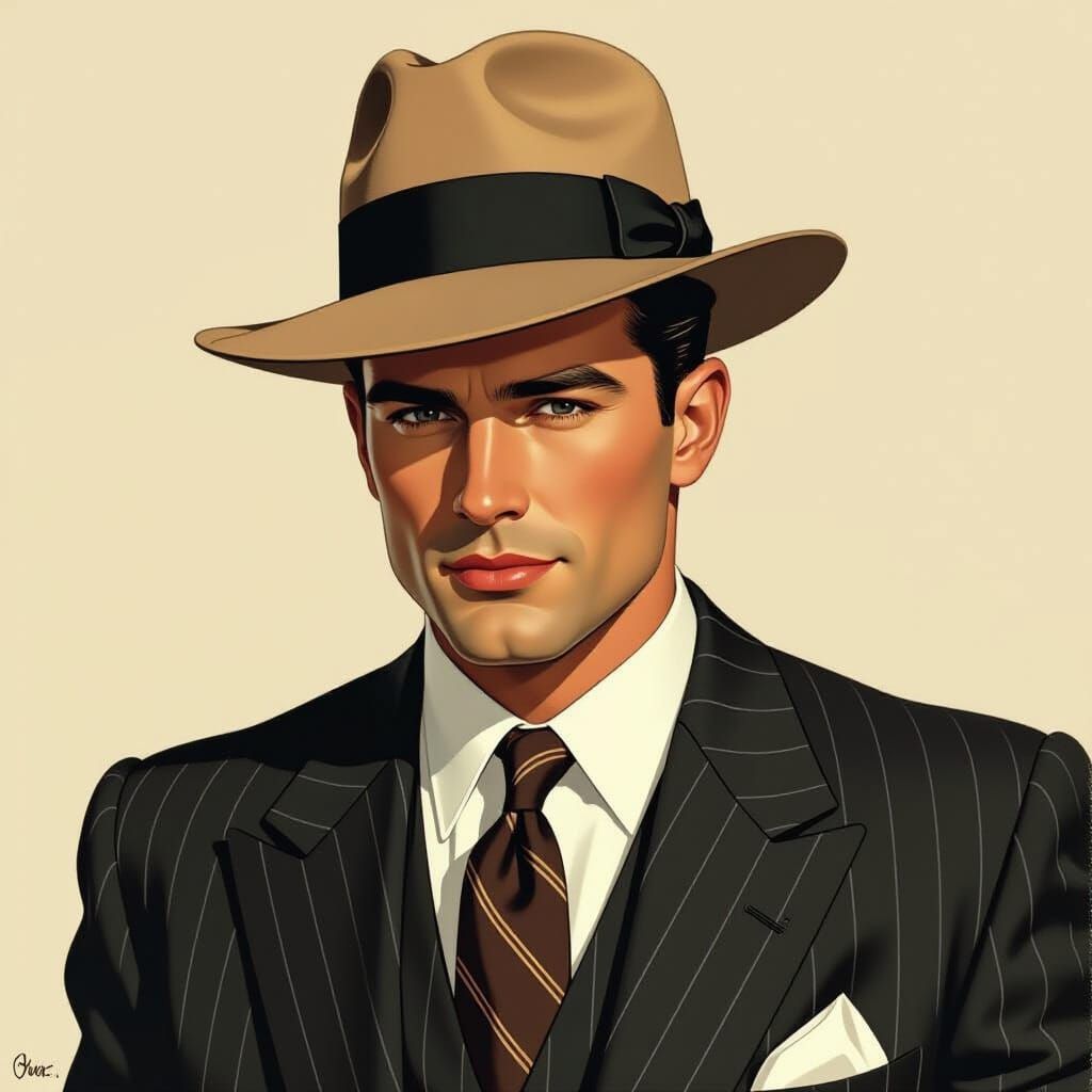 Man in 1950s Suit with Fedora in Classic Style