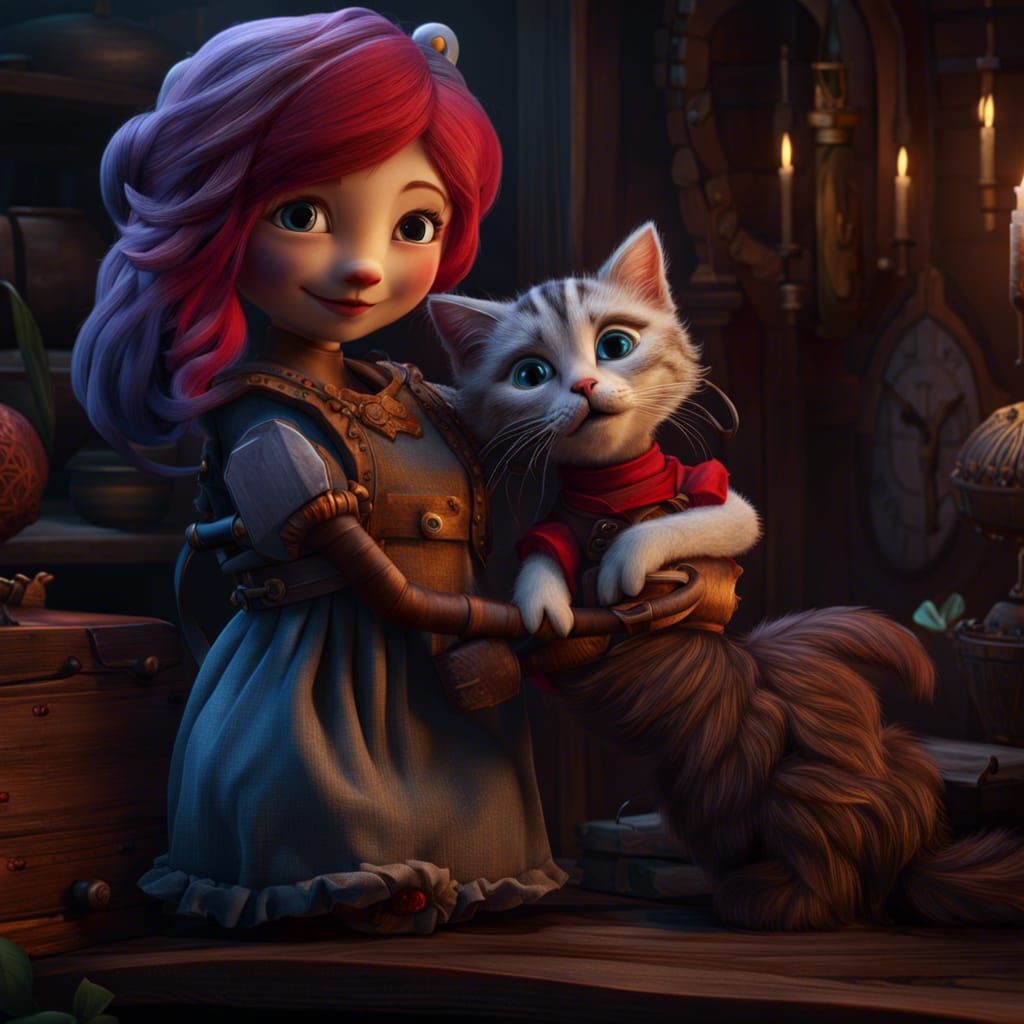 Puppet Kitten Hugs Puppet Girl: Detailed Digital Art