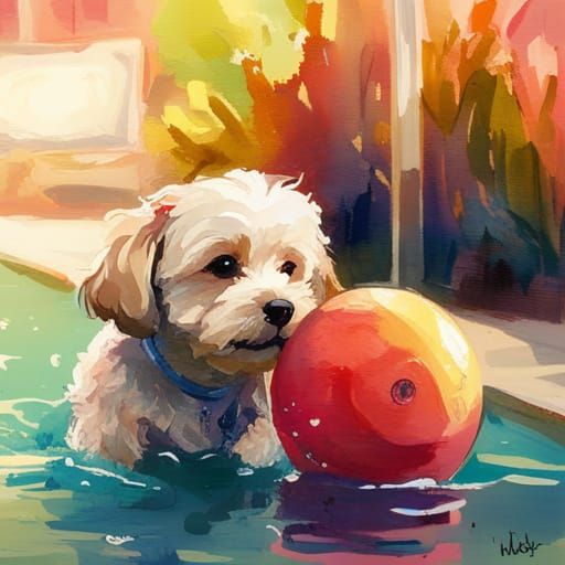 Maltipoo Puppy Plays Fetch in Pool: Watercolor Art