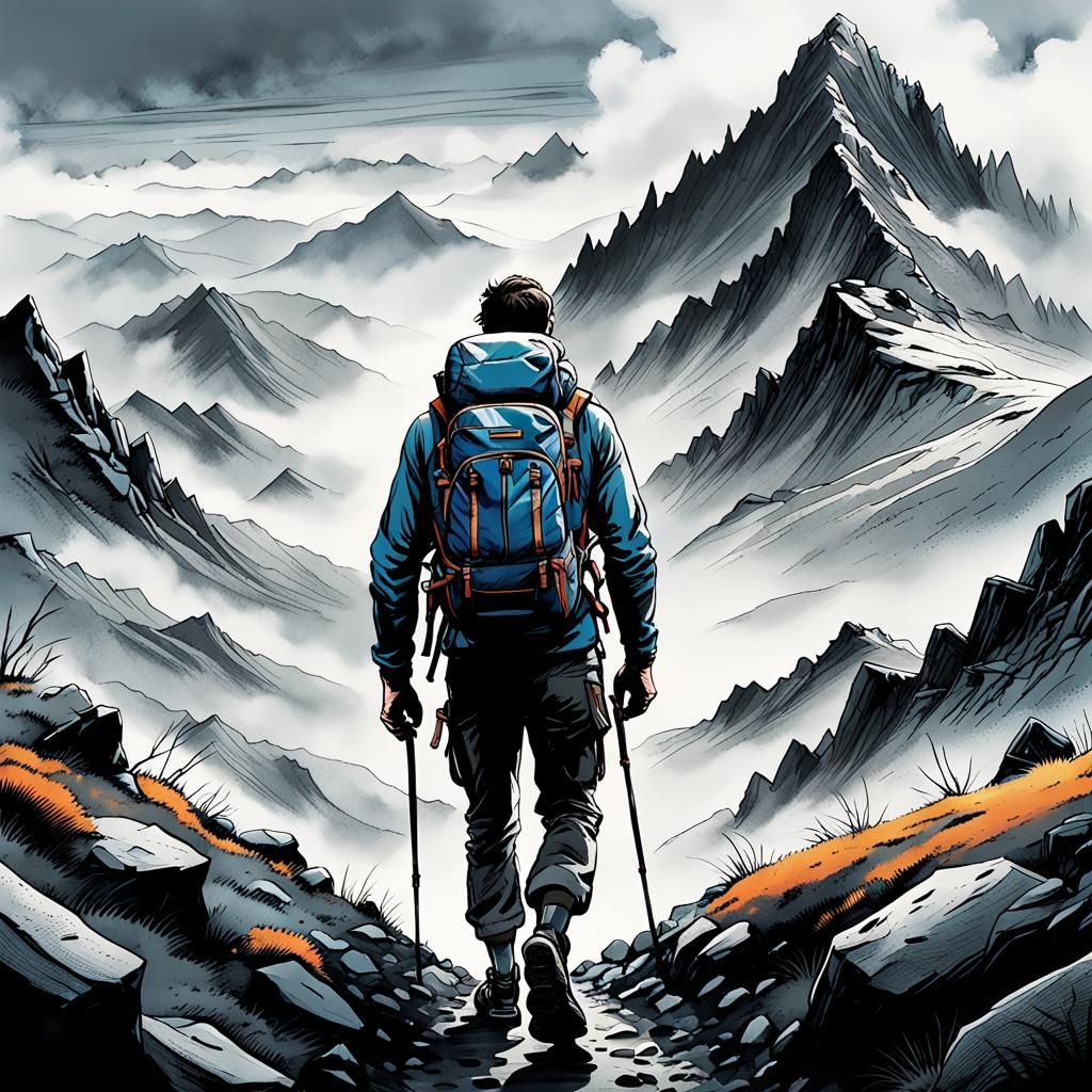 Monochrome Comic Art: Hiker in Misty Mountains