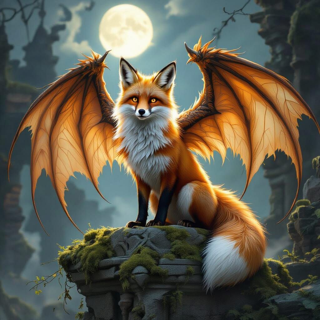 Regal Fox with Dragon Wings on Ancient Ruins