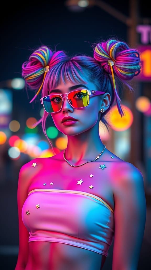 Retro-Futuristic Woman with Rainbow Hair in Neon City