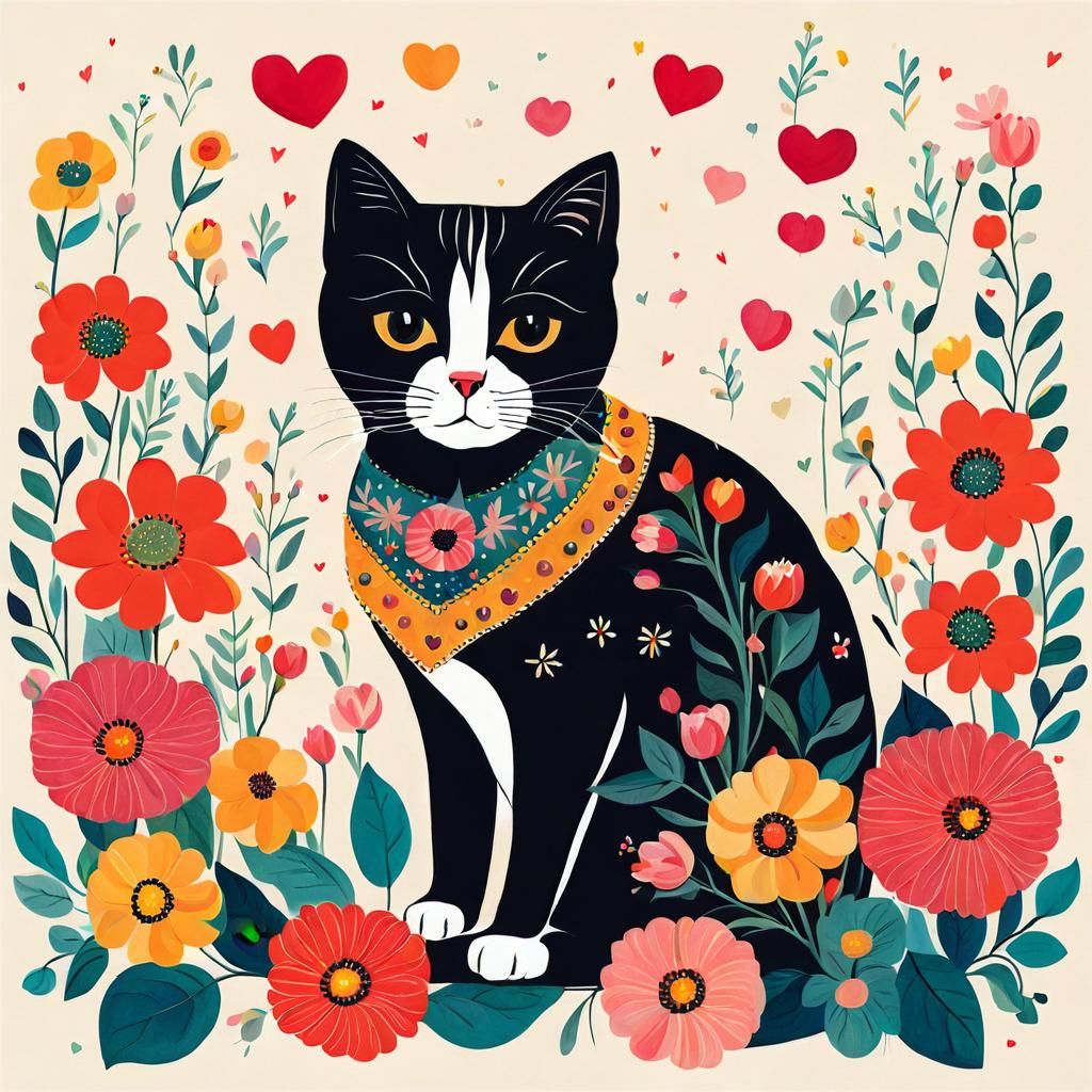 Cat Portrait with Flowers in Folk Art Style