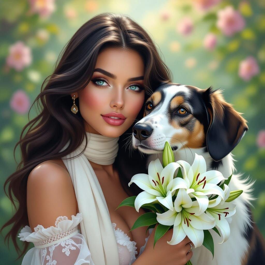 Elegant Woman with Dog in a Vibrant Garden