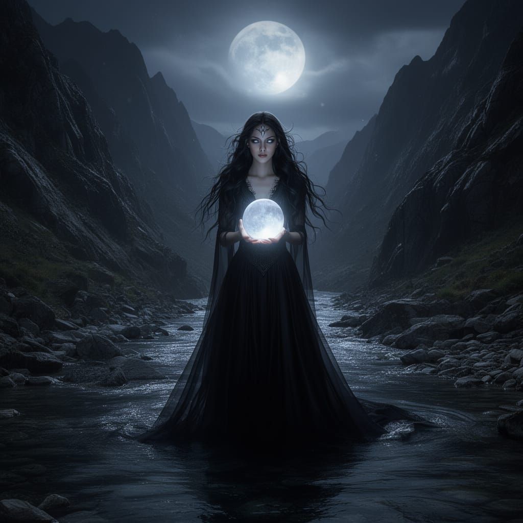 Ethereal Sorceress Holds Moonlight Between Mountains