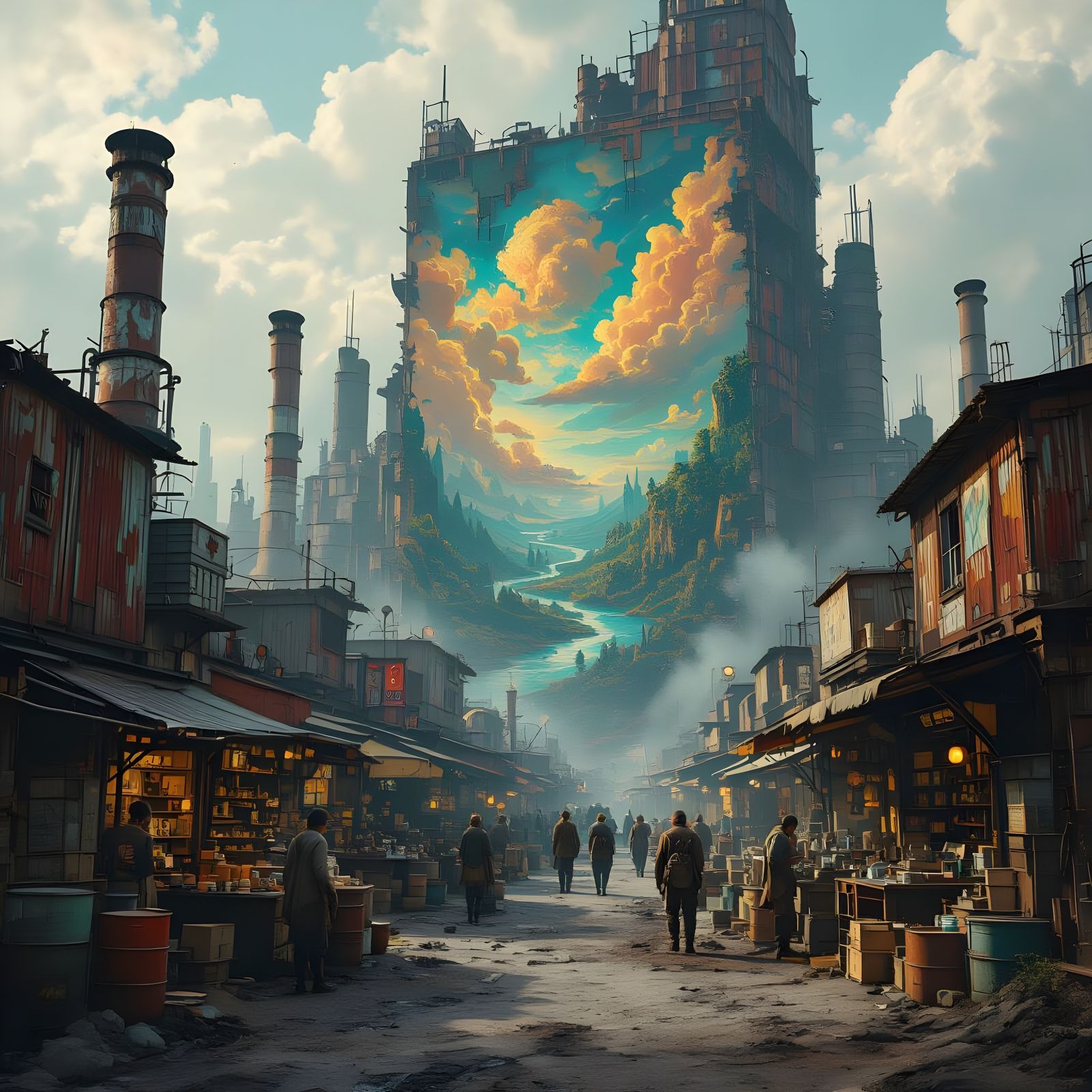 Post-Apocalyptic Settlement with Mural in Fallout Style