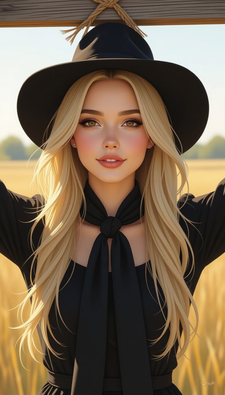 Woman in Scarecrow Outfit with Hyperreal Details