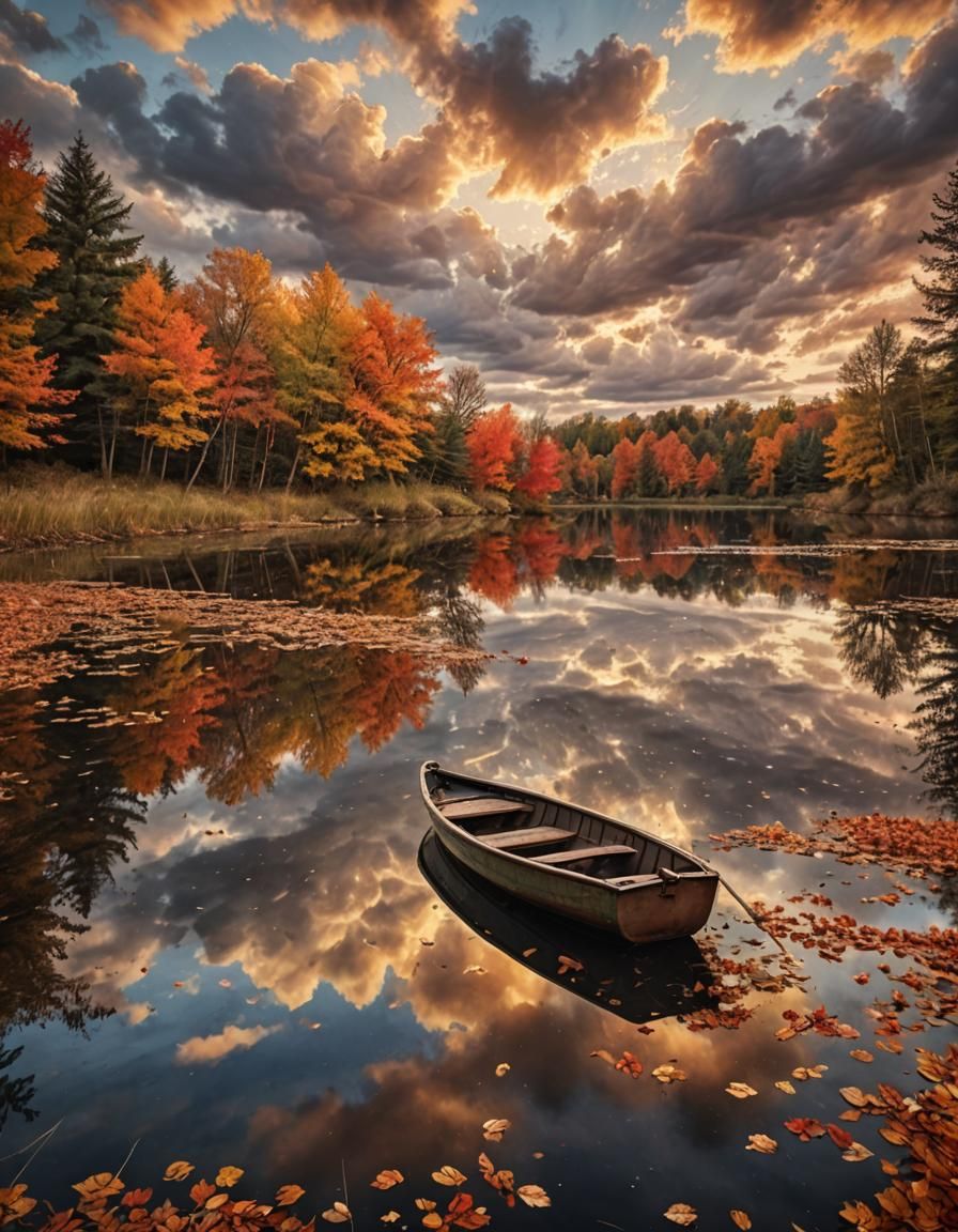 Serene Fall Landscape Photography with Vibrant Leaves and Su...