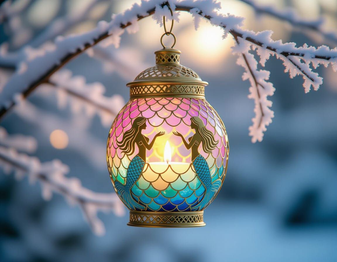 Mermaid Lantern on Frosty Branch: Hyperrealistic Art