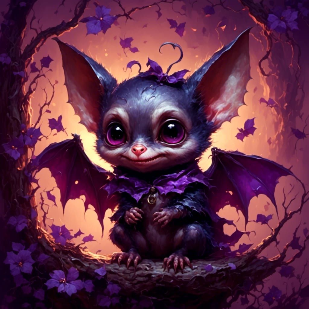 Cute Little Bat with Purple Eyes in Retro Style