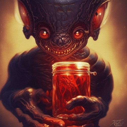 Redcap Goblin in Glass Jar: Hyperdetailed Portrait