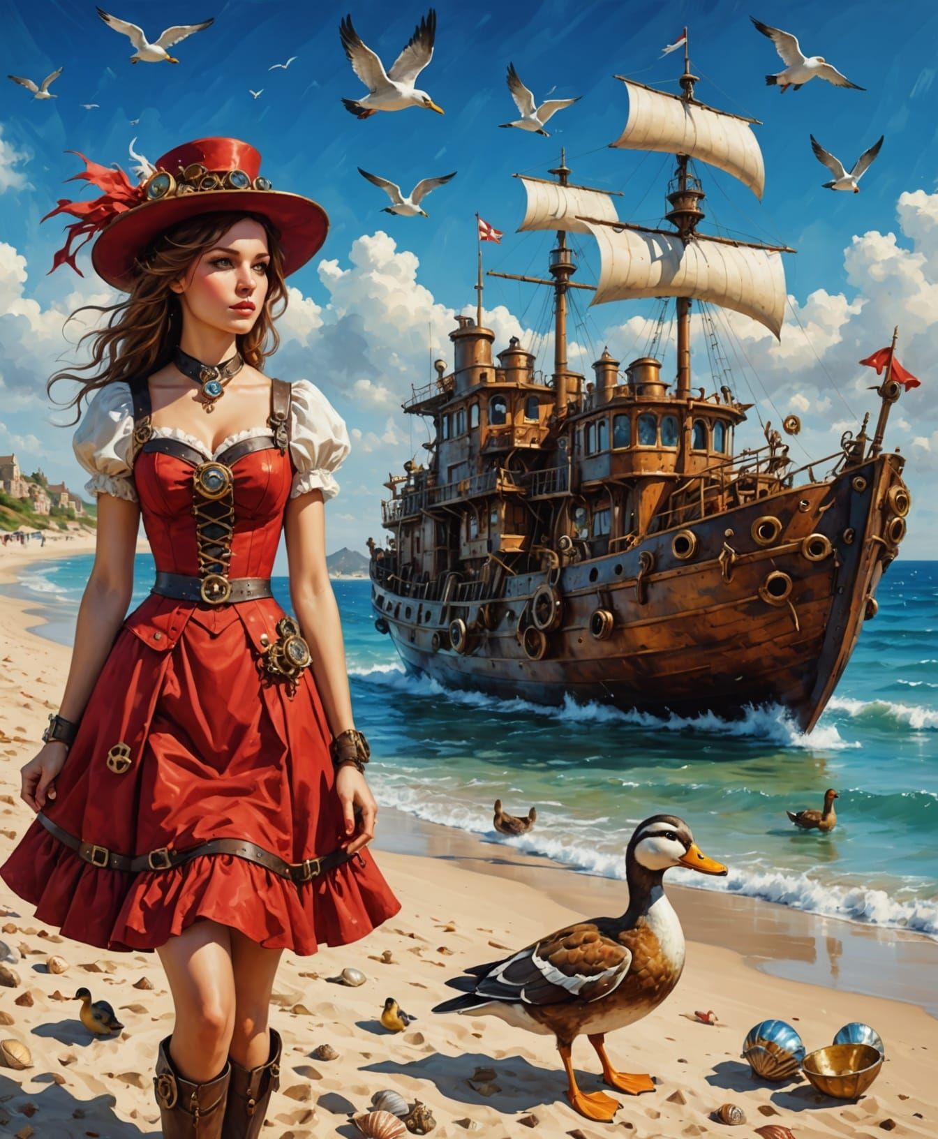 Steampunk Fantasy Beach Scene with Pegasus and Steampunk Boa...