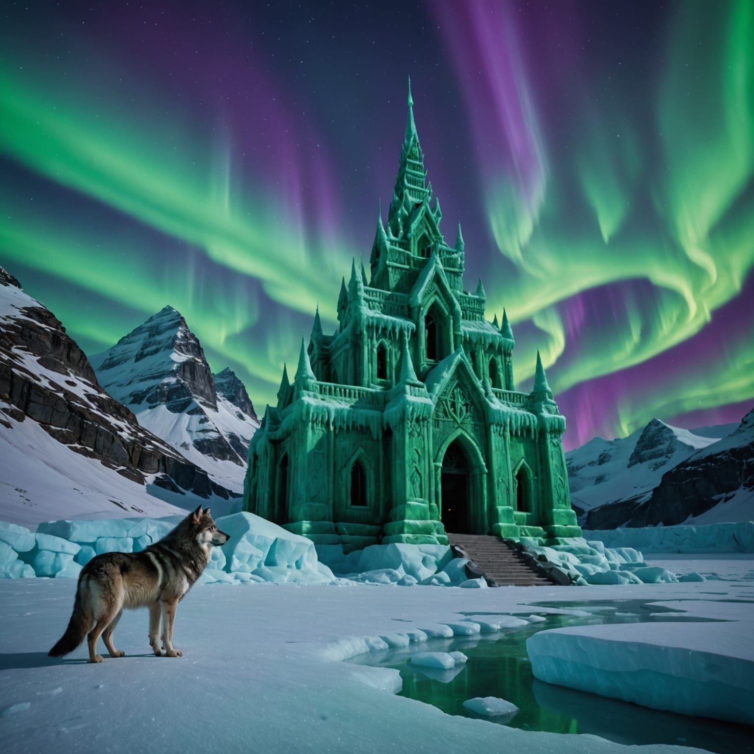 Lone Frost Wolf Guards Ancient Glacier Temple Under Aurora