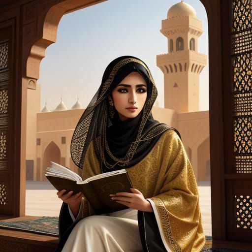 Saudi Woman Reading: Concept Art in Oil Painting Style