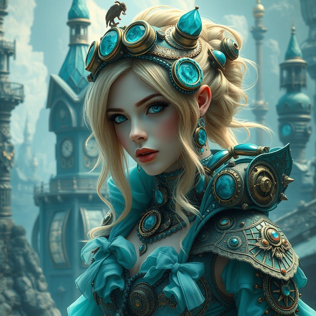 Turquoise Steampunk Woman in Detailed Matte Painting