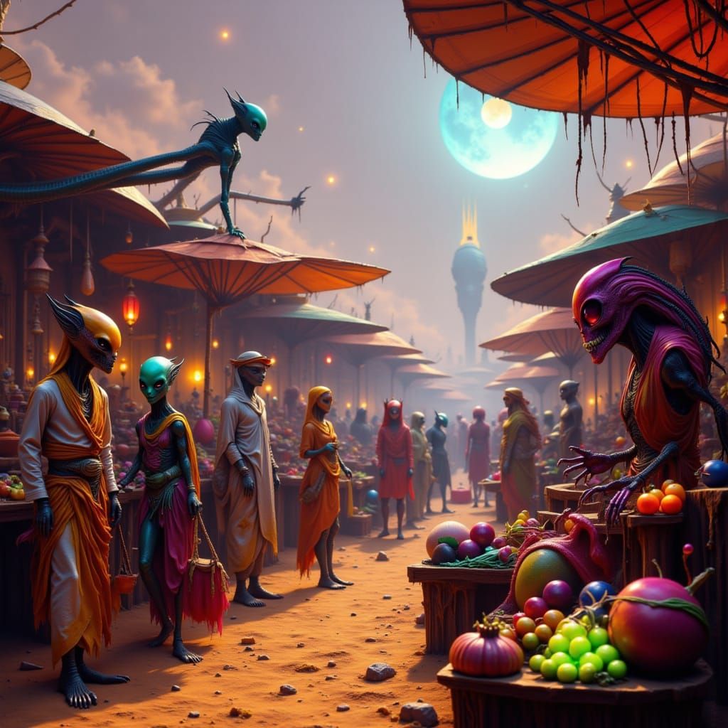 Bustling Alien Market on Desert Planet in Matte Painting Sty...