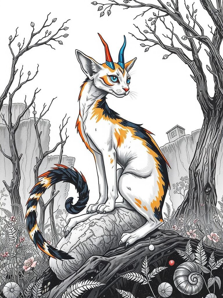 Surreal Ink Pen Sketch of a Majestic, Twisted Cat in a Whims...