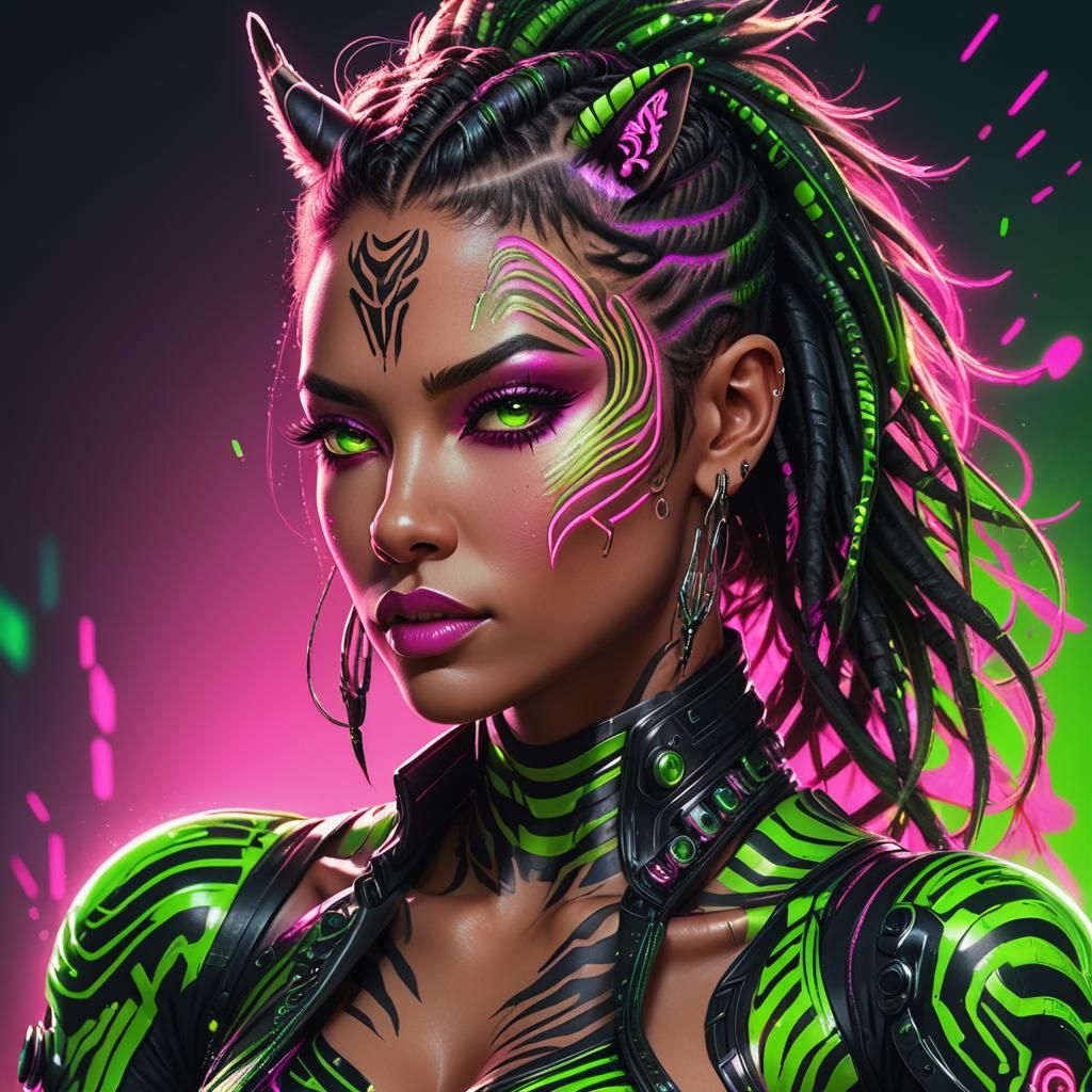 Biopunk Woman with Zebra Tattoos in Neon Colors