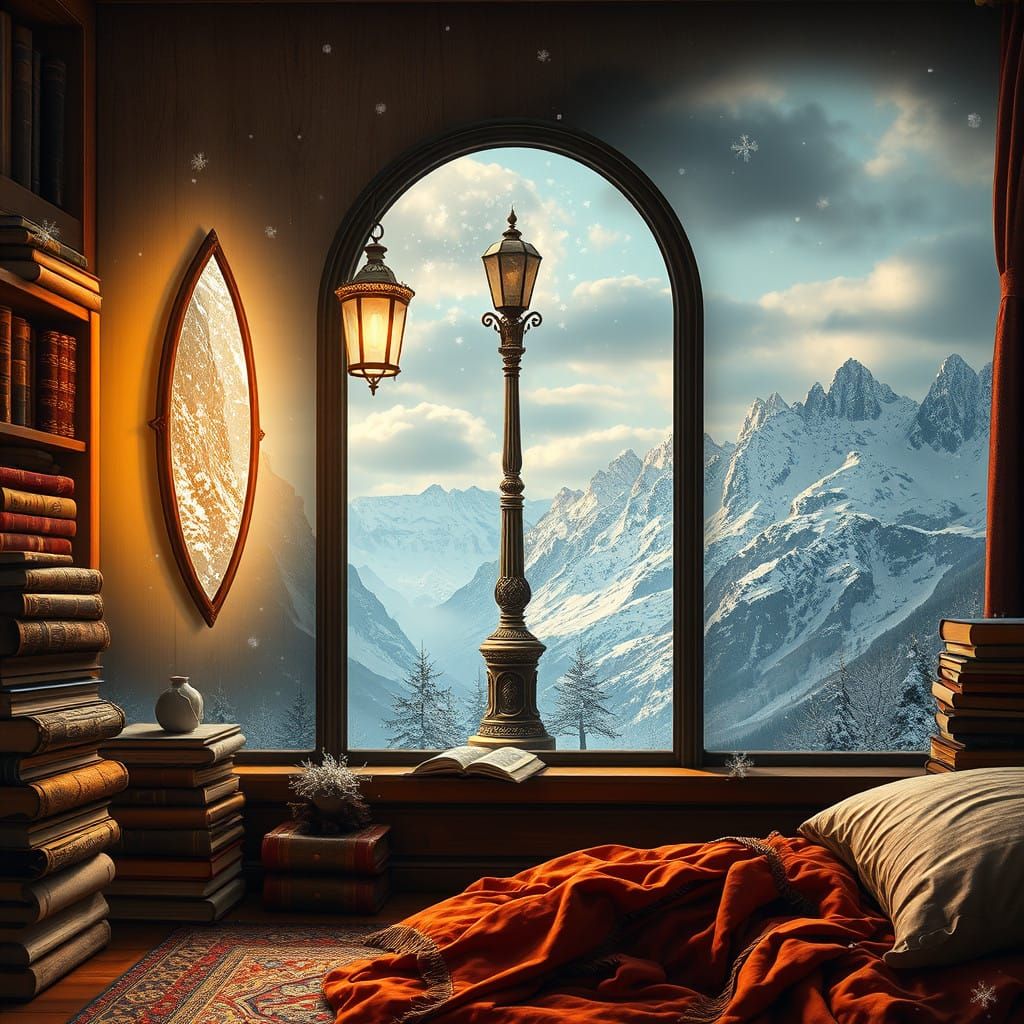 Cozy Bedroom Portal to Whimsical Winter Wonderland