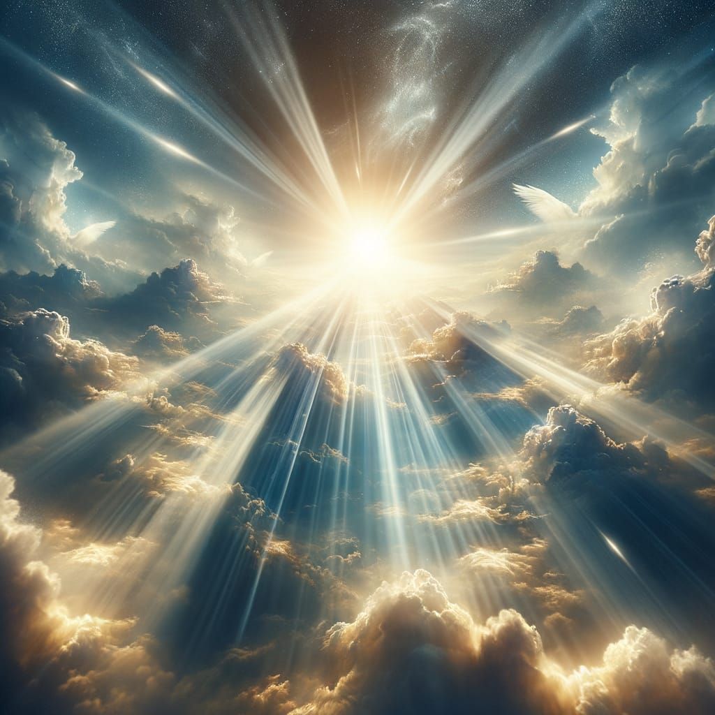 Heavenly Sunbeams Shine Through Celestial Clouds