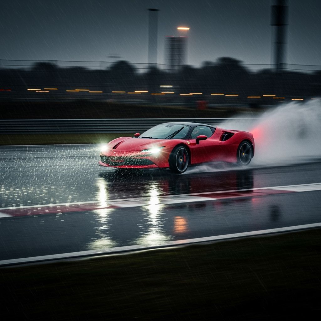 Ferrari SF90 Drifting on Wet Racetrack at Night