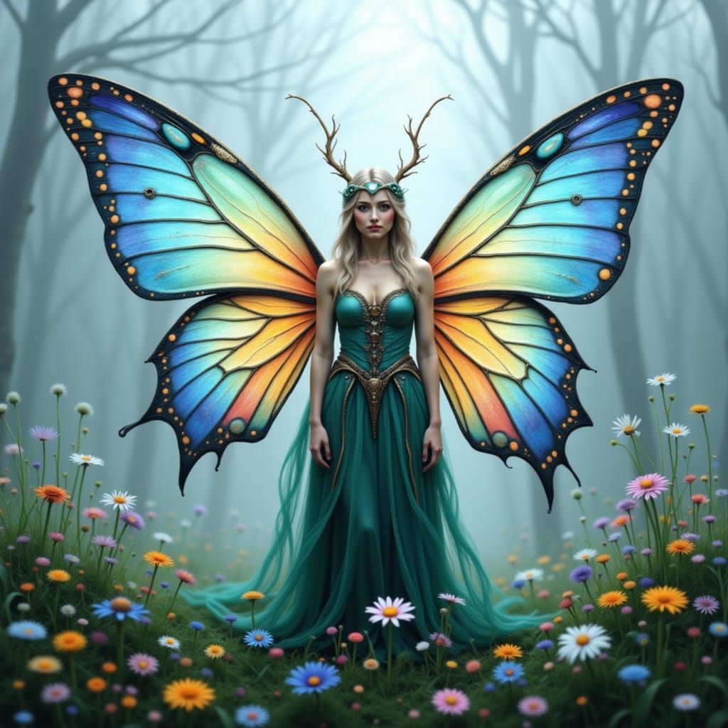 Valkyrie with Butterfly Wings on a Seasonal Meadow
