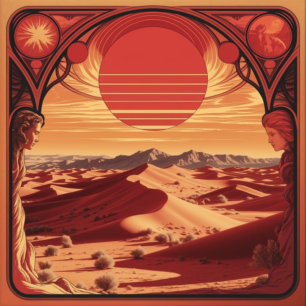 Fiery Red Sun Over Desert Landscape, Art Nouveau Style