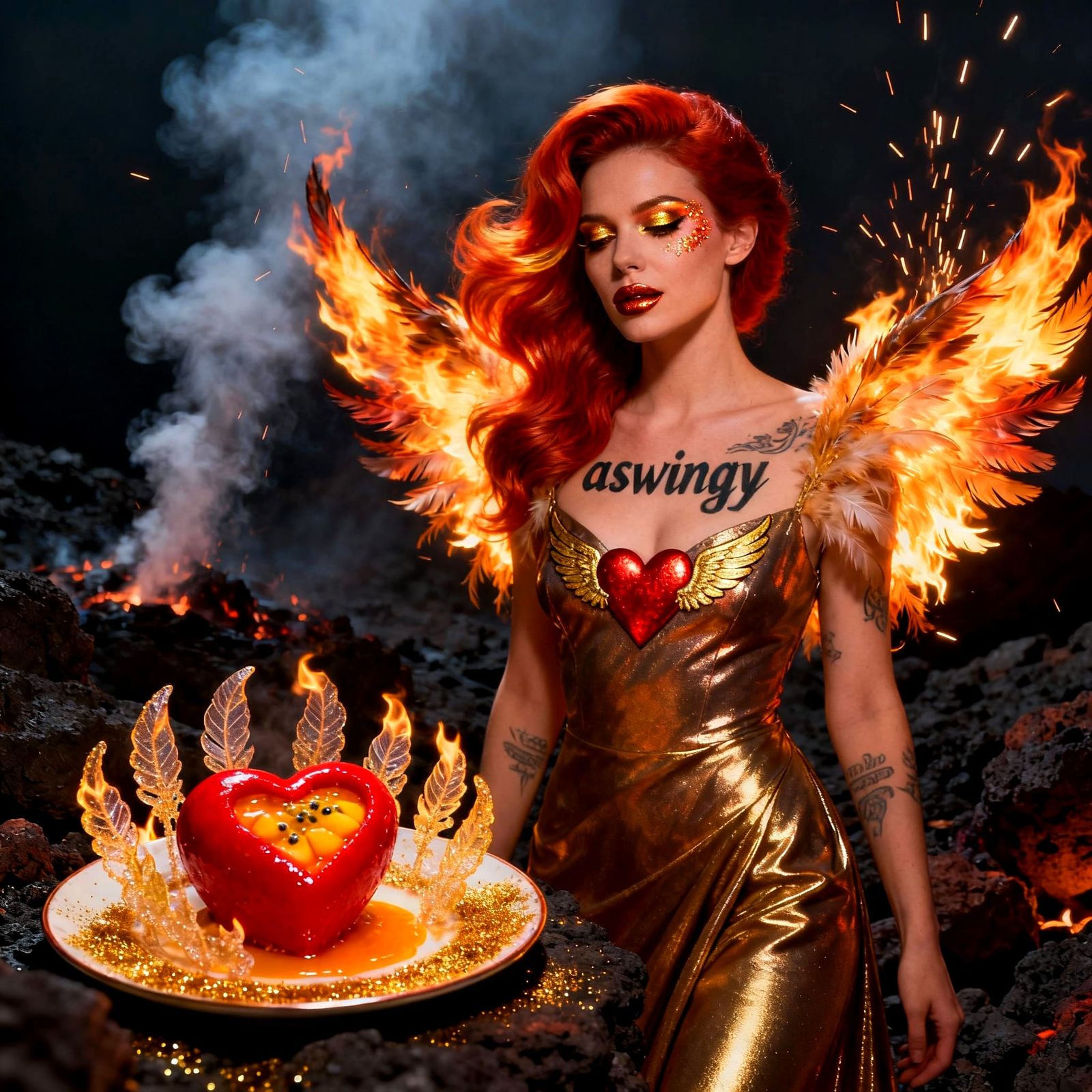 Woman in Gold Gown with Fiery Wings, Volcanic Setting